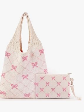 Pink Bow Crochet Tote Bag with Pouch